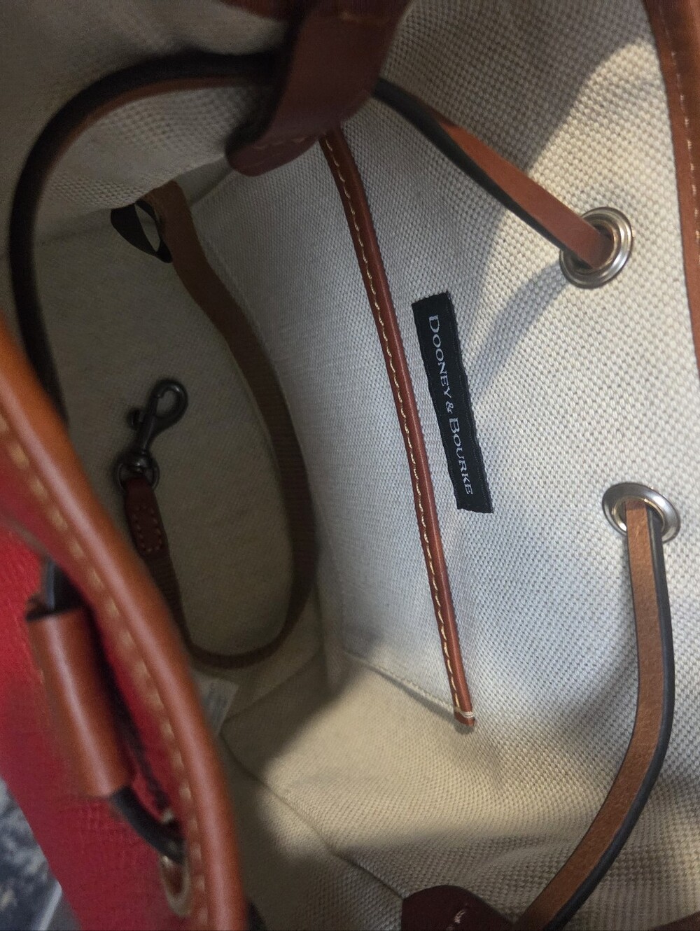 Dooney & Bourke Red Pebbled Leather Bucket Crossbody with Tan Trim - Picture 3 of 4